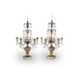 A pair of 19th century Italian giltwood tole and beaded and moulded glass five-light pricket can...