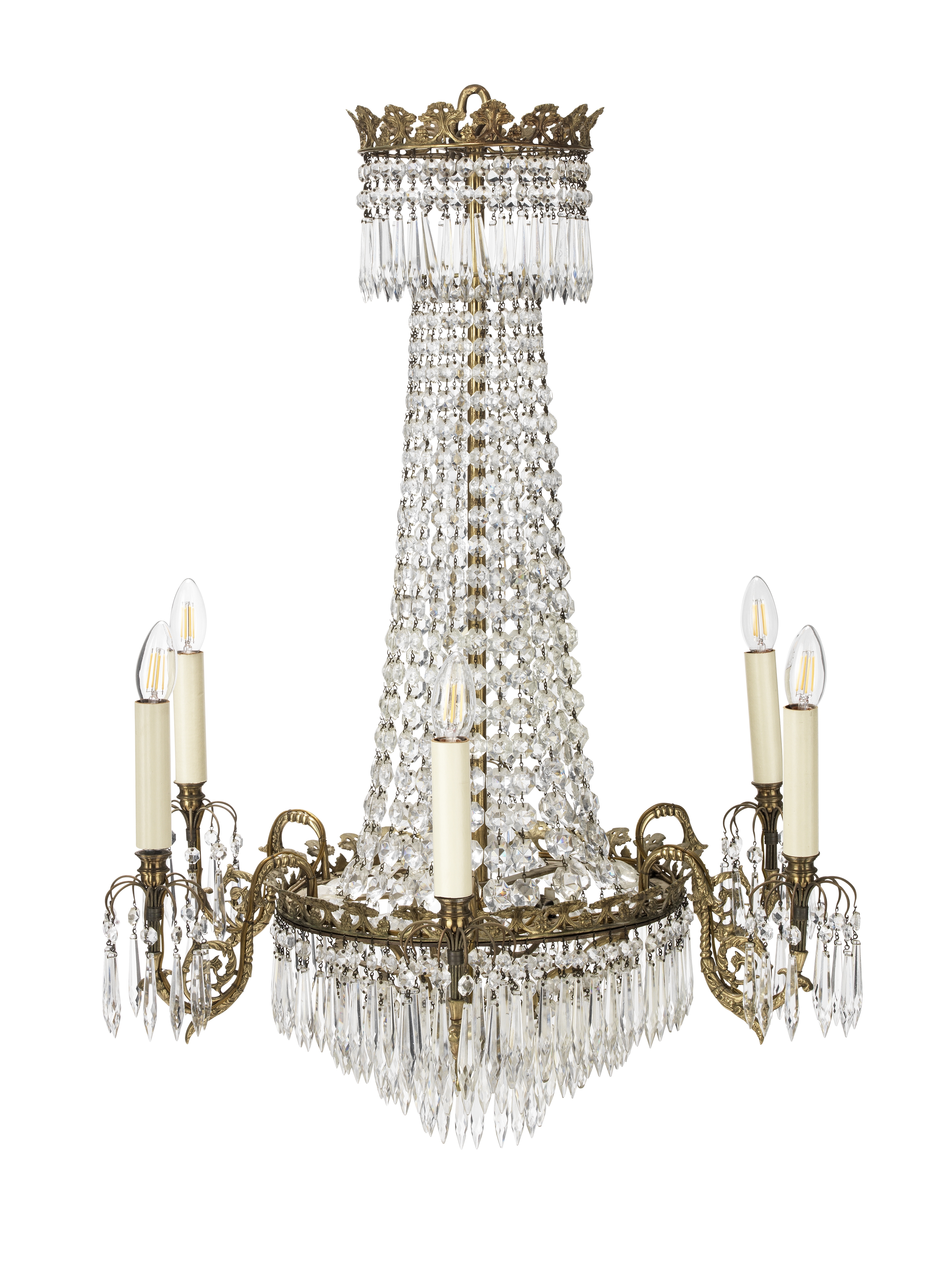 A Victorian six-light gilt brass and cut-glass tent and waterfall chandelier