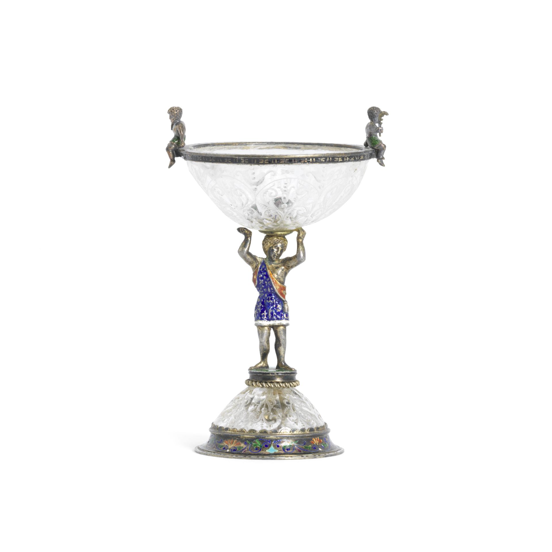 A 19th century Austro-Hungarian silver, coloured enamel and cut and etched rock crystal miniatur...