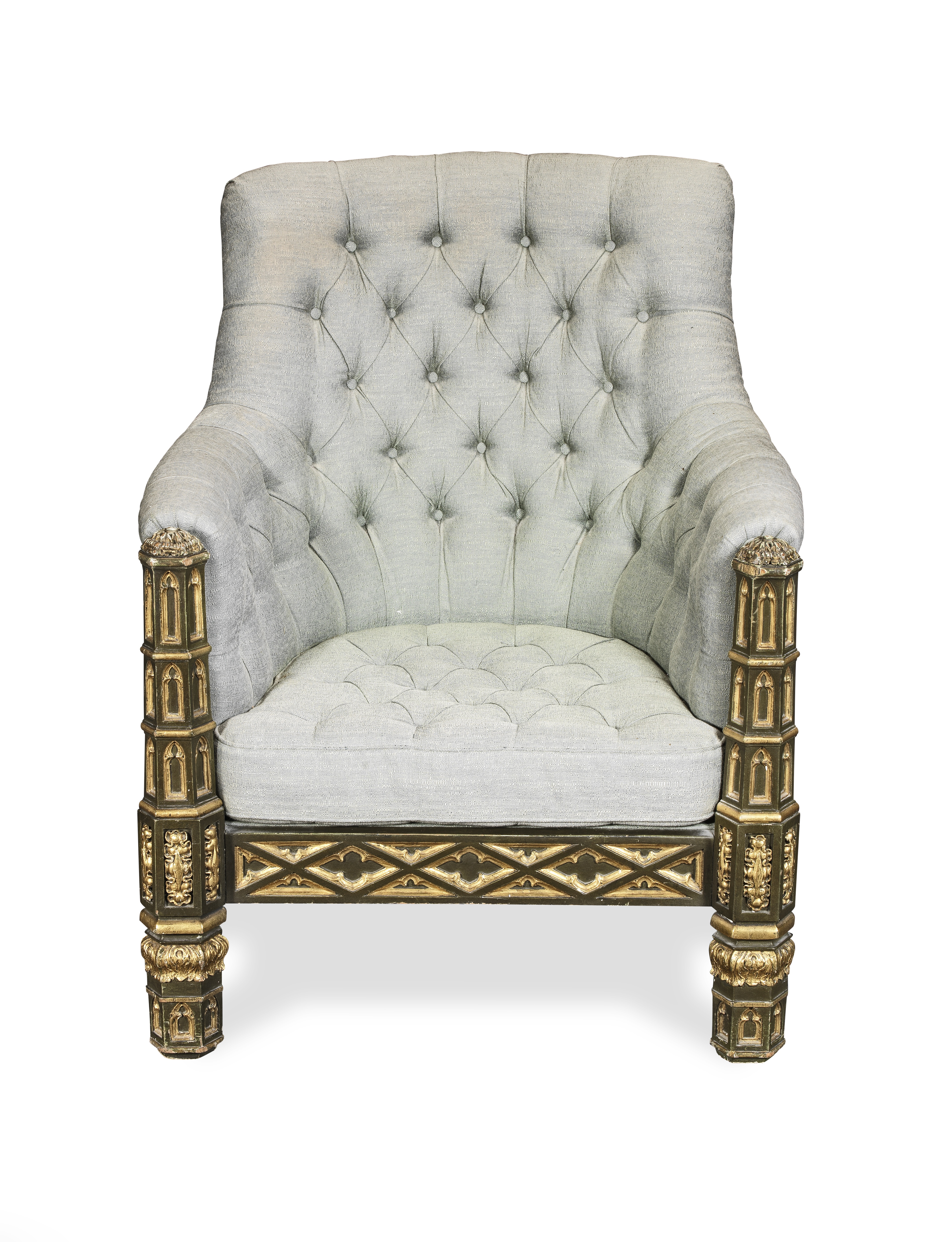 A George IV gothic revival painted and parcel gilt bergere attributed to Gillows Circa 1825, pro...