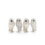 Two pairs of novelty silver owl salt and pepper shakers one pair Mappin & Webb, London 1974, the...