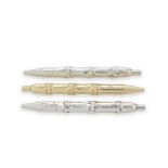 Three 'bamboo' pens Two silver examples stamped TIFFANY & CO, 925, the other stamped 14K and T (3)