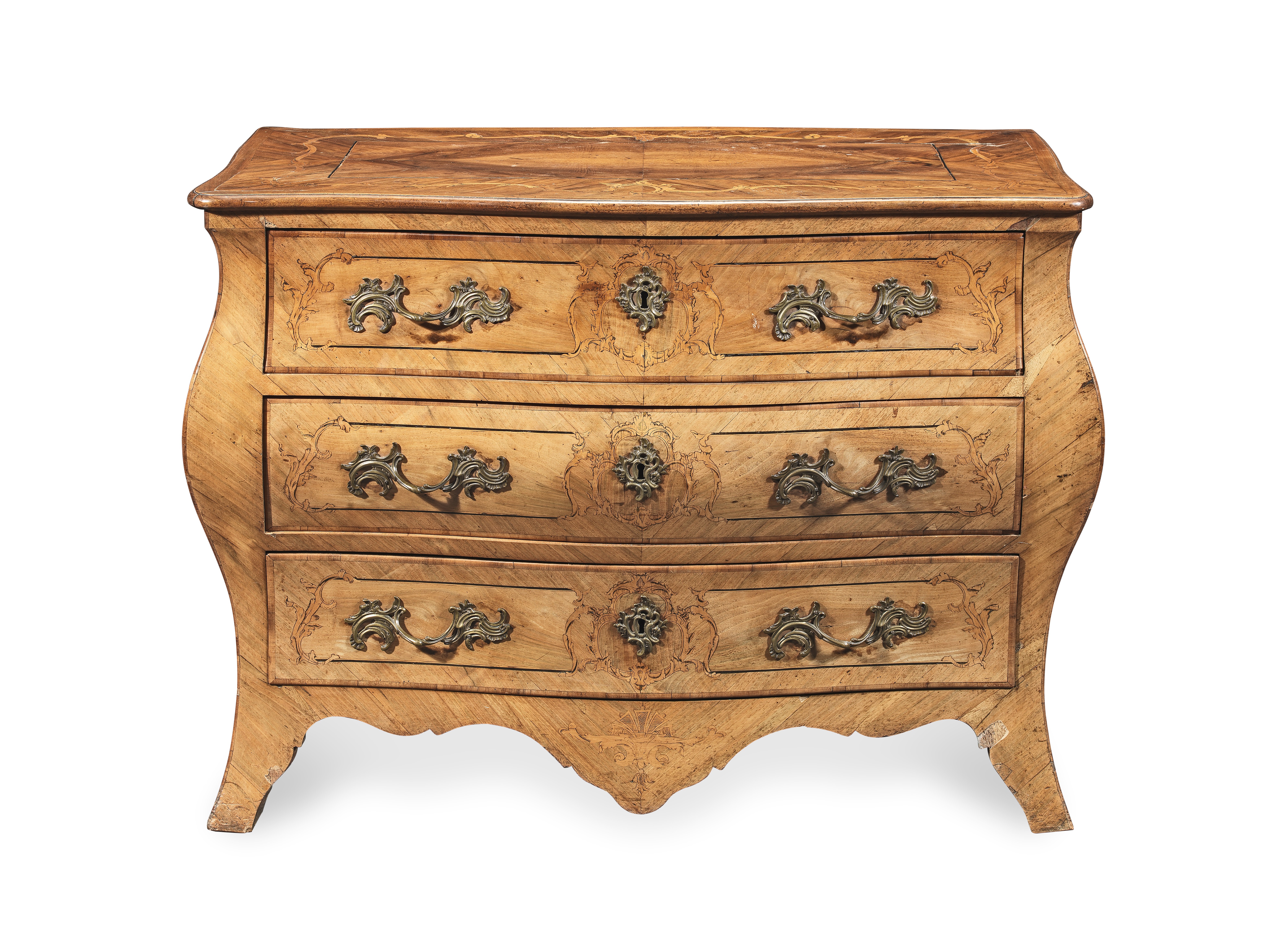 A German 18th century walnut, ebony inlaid and fruitwood marquetry bombe serpentine commode