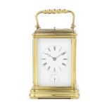 A late 19th century French brass grand sonnerie carriage clock with alarm, petite sonnerie, sile...