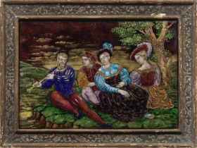 A late 19th century French Limoges style enamel plaque depicting courtly figures in Renaissance...