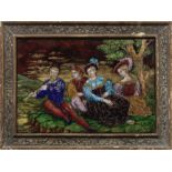 A late 19th century French Limoges style enamel plaque depicting courtly figures in Renaissance...