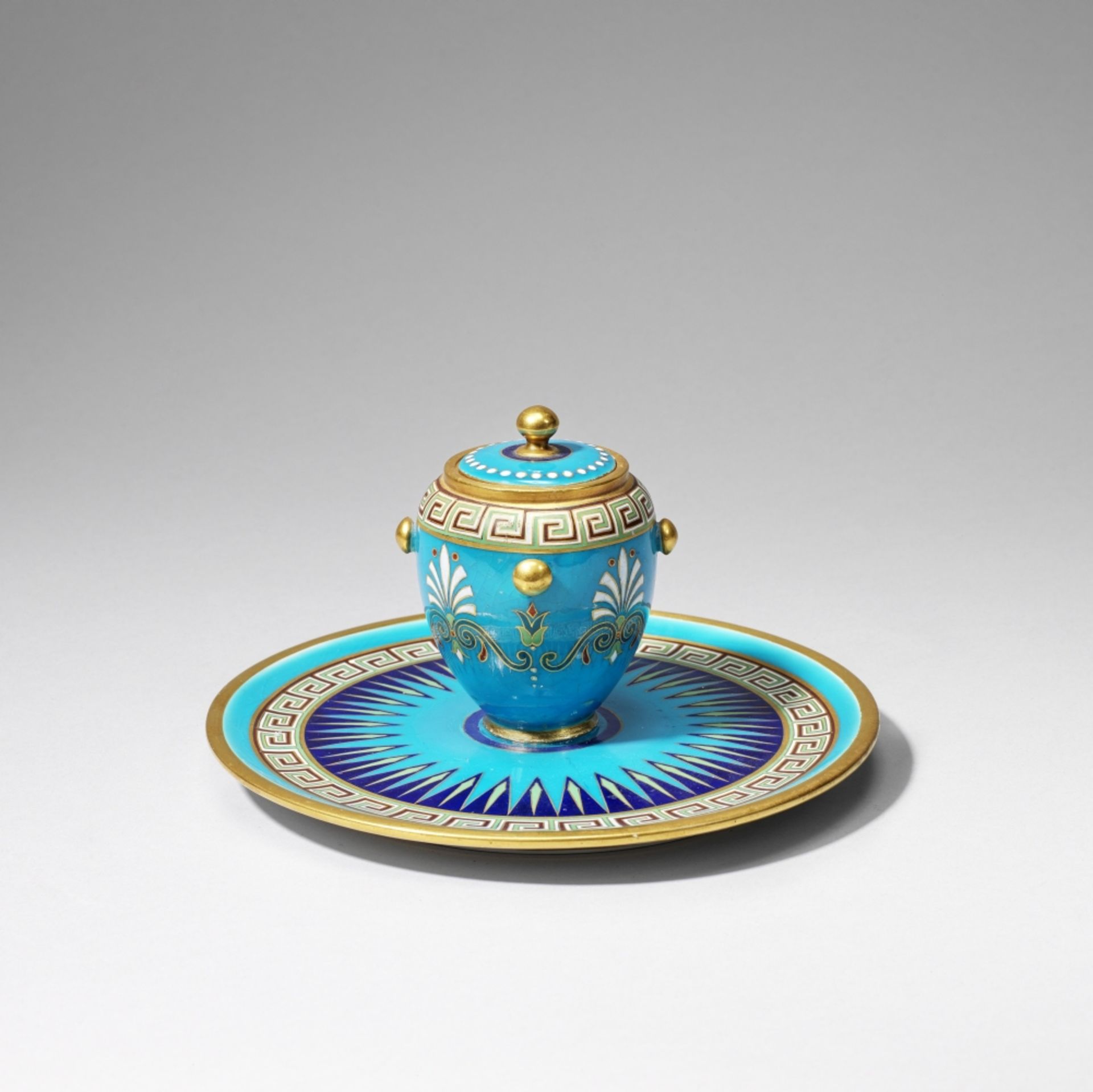 Attributed to Dr Christopher Dresser: Made by Minton Aesthetic Movement cloisonn&#233; inkwell, ...