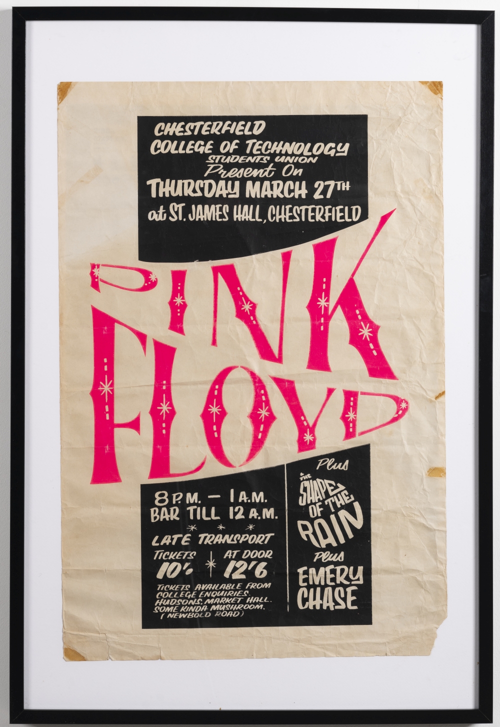 Pink Floyd Rare tour poster for St James Hall in Chesterfield, 1969