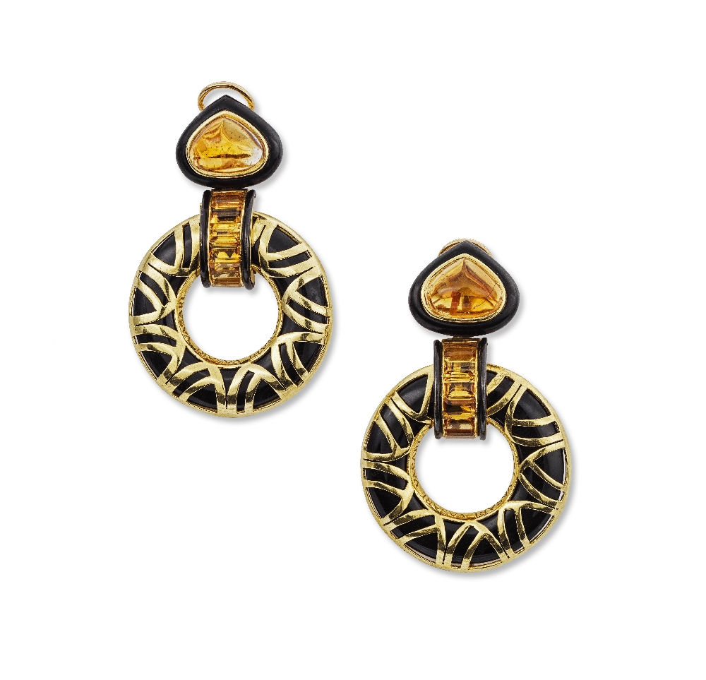 VASARI: PAIRE DE BOUCLES D'OREILLES ONYX ET CITRINES