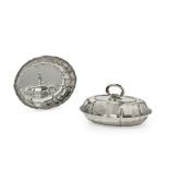 A pair of vegetable silver dishes with covers, an oval silver dish and an oval silver-plate dish