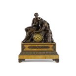 Pendule en bronze &#224; patine brune figurant la Charit&#233; Romaine sur base en marbre de Sie...