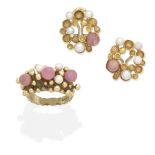 STUART DEVLIN: RHODOCHROSITE AND CULTURED PEARL RING AND EARCLIPS, (2)