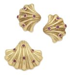 TIFFANY: RUBY-SET SHELL BROOCH/PENDANT AND EARCLIP SUITE (2)