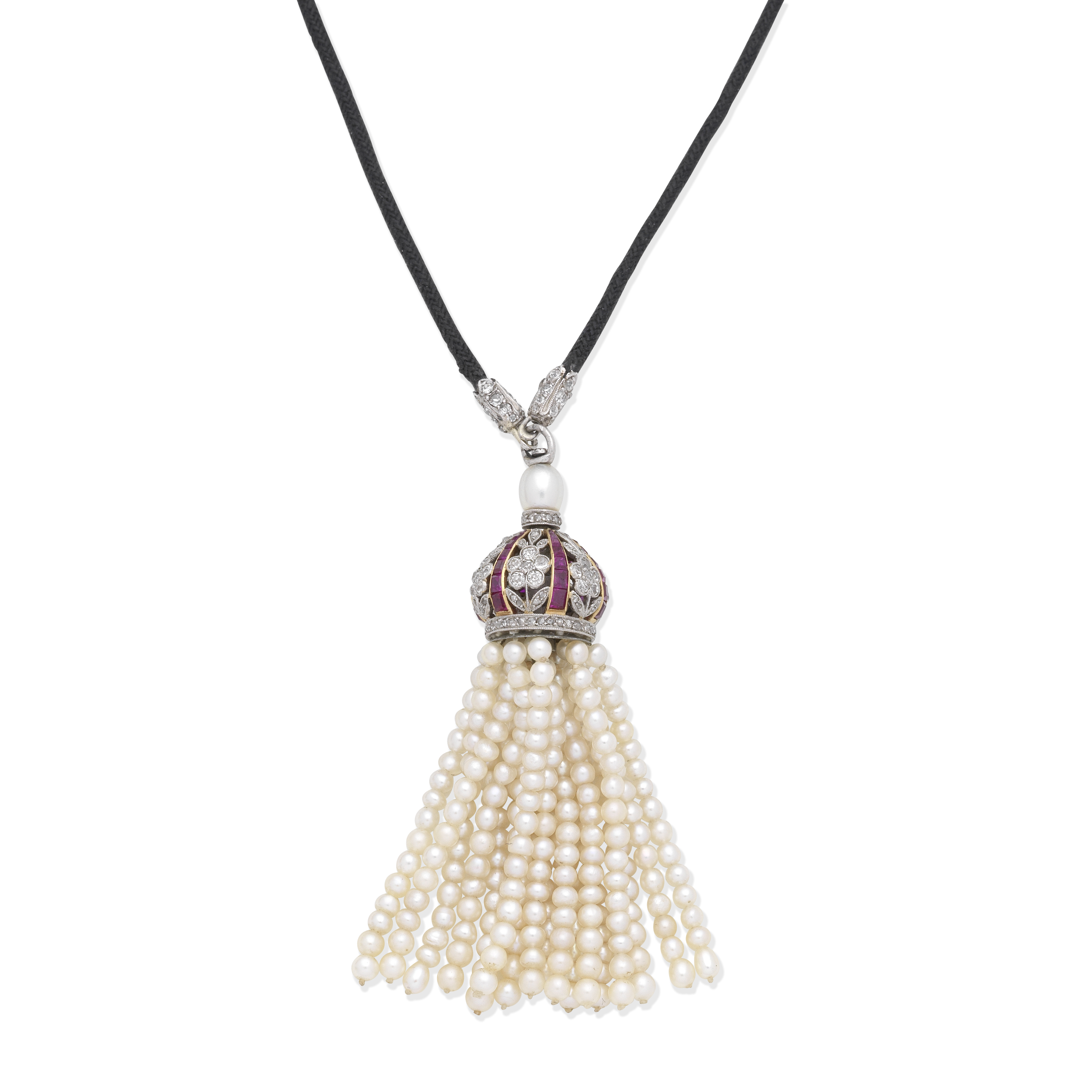 PEARL, RUBY AND DIAMOND TASSEL PENDANT/NECKLACE,