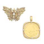 DIAMOND-SET COIN PENDANT, 1980, AND PEARL-SET BUTTERFLY BROOCH/PENDANT (2)