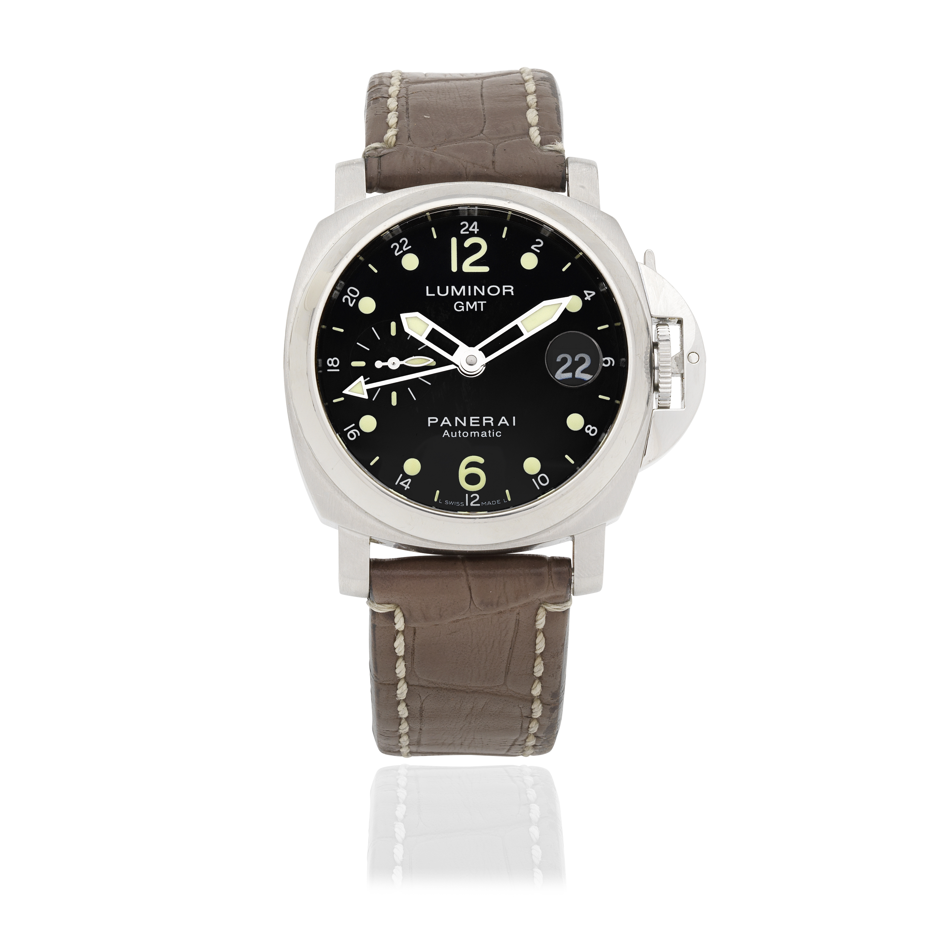 Panerai. A stainless steel automatic calendar wristwatch with dual time zone Luminor GMT, Ref: ...