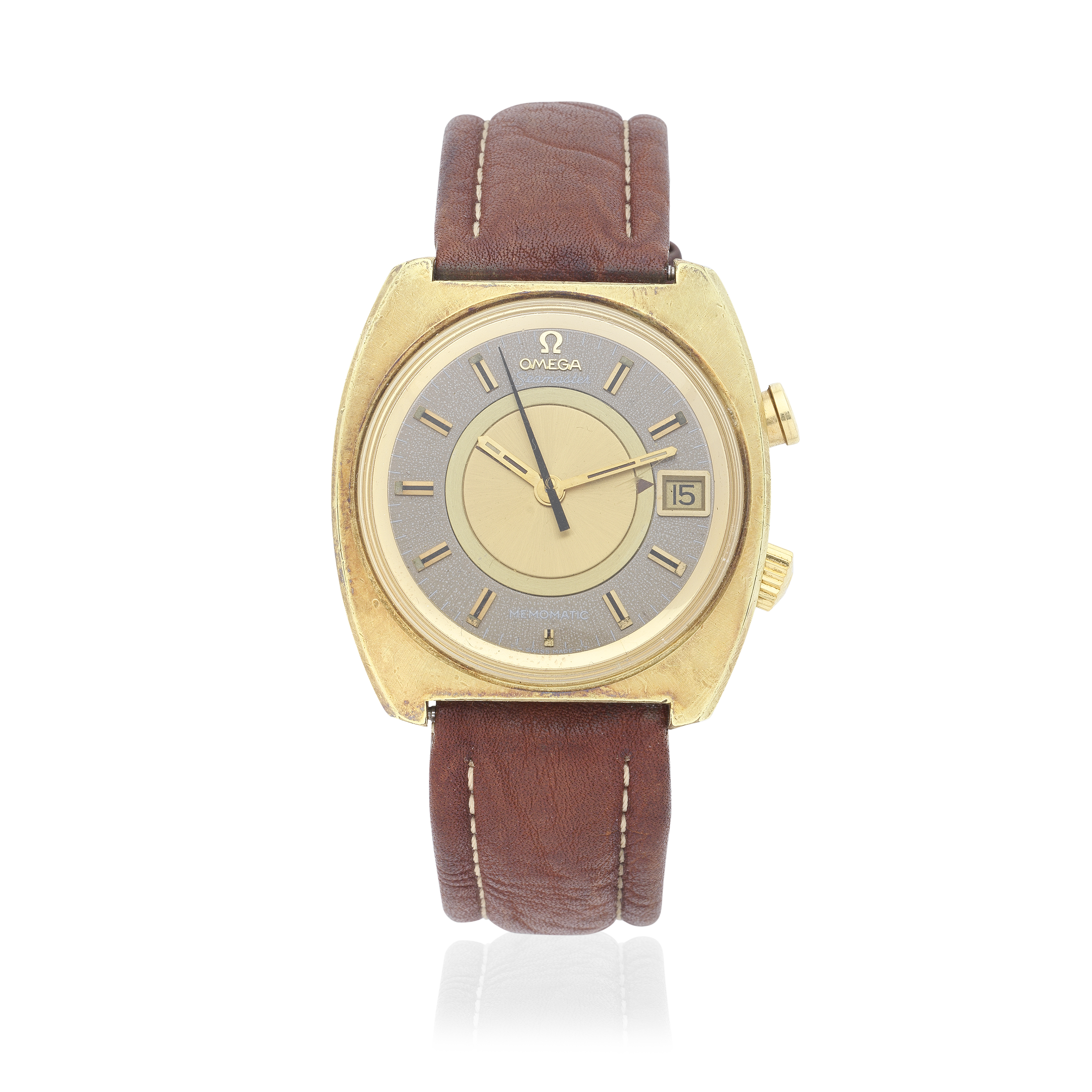 Omega. A gold plated and stainless steel automatic calendar wristwatch with alarm Seamaster Mem...