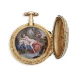 Denis, A Paris. A continental gold key wind open face pocket watch with concealed erotic scene C...
