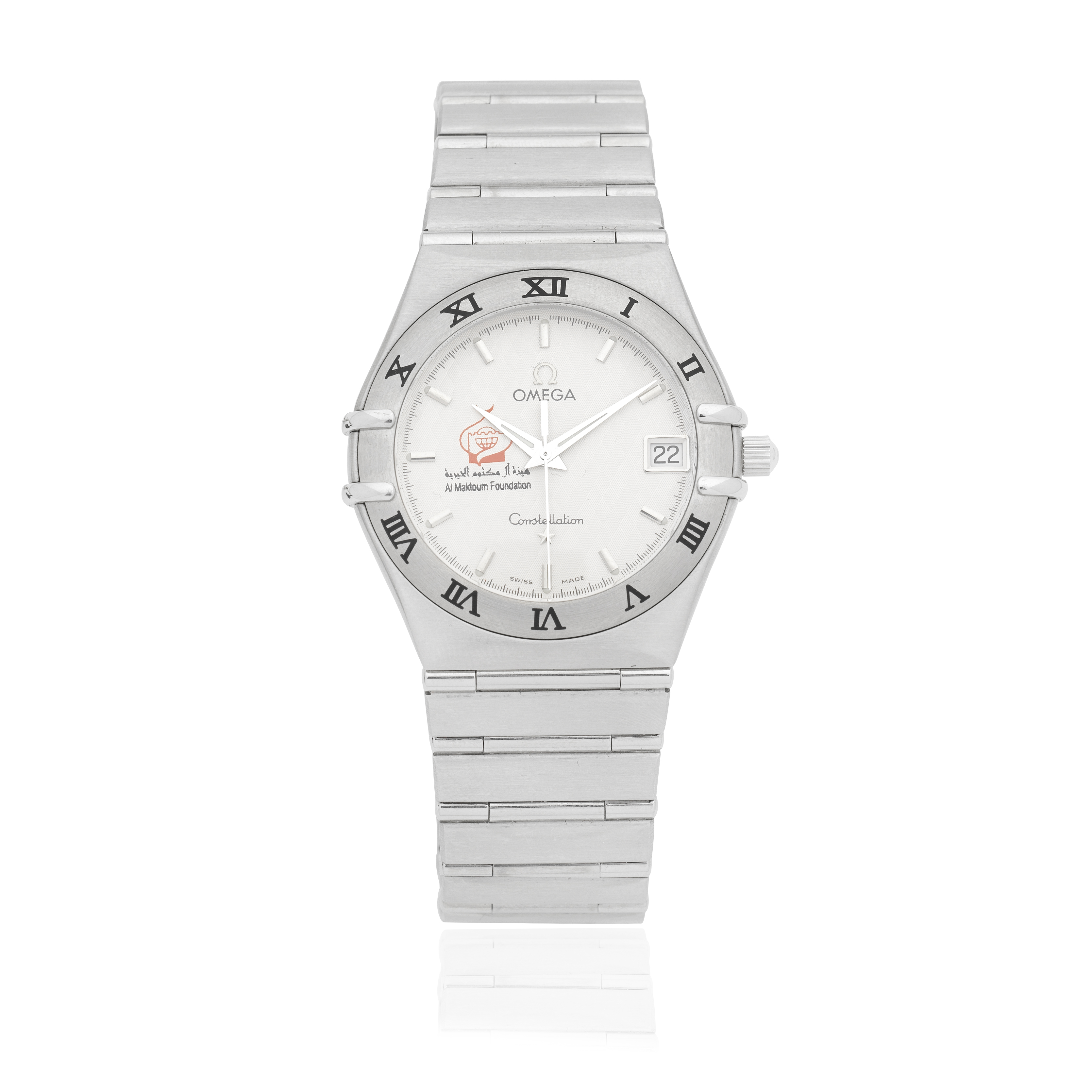 Omega. A stainless steel quartz calendar bracelet watch made for the Al Maktoum Foundation Cons...