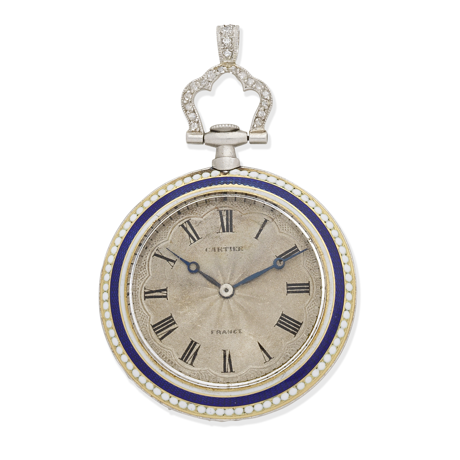 Cartier. A platinum, enamel and diamond set keyless wind open face pocket watch Circa 1910