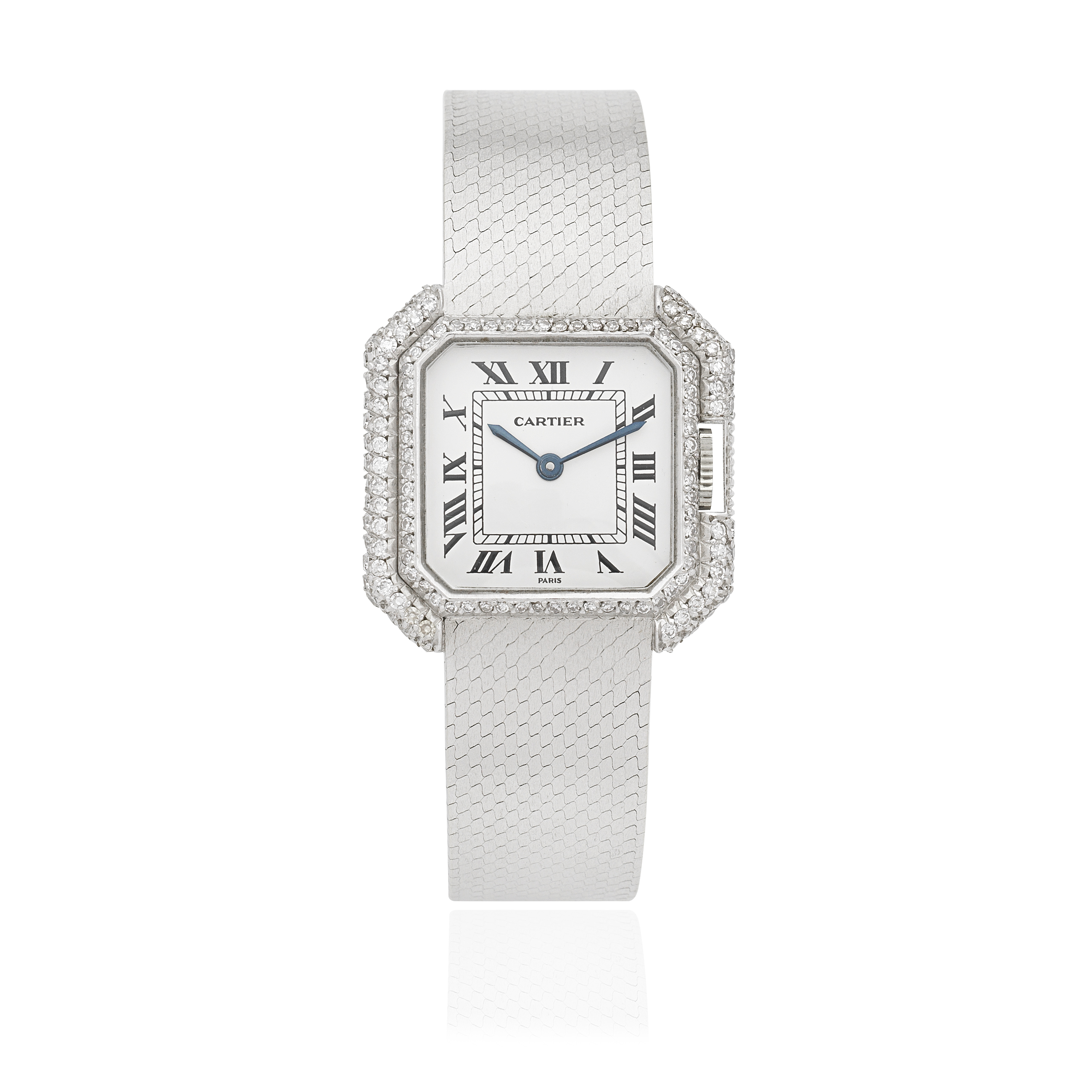 Cartier. A lady's 18K white gold diamond set manual wind bracelet watch Ceinture, Circa 1970