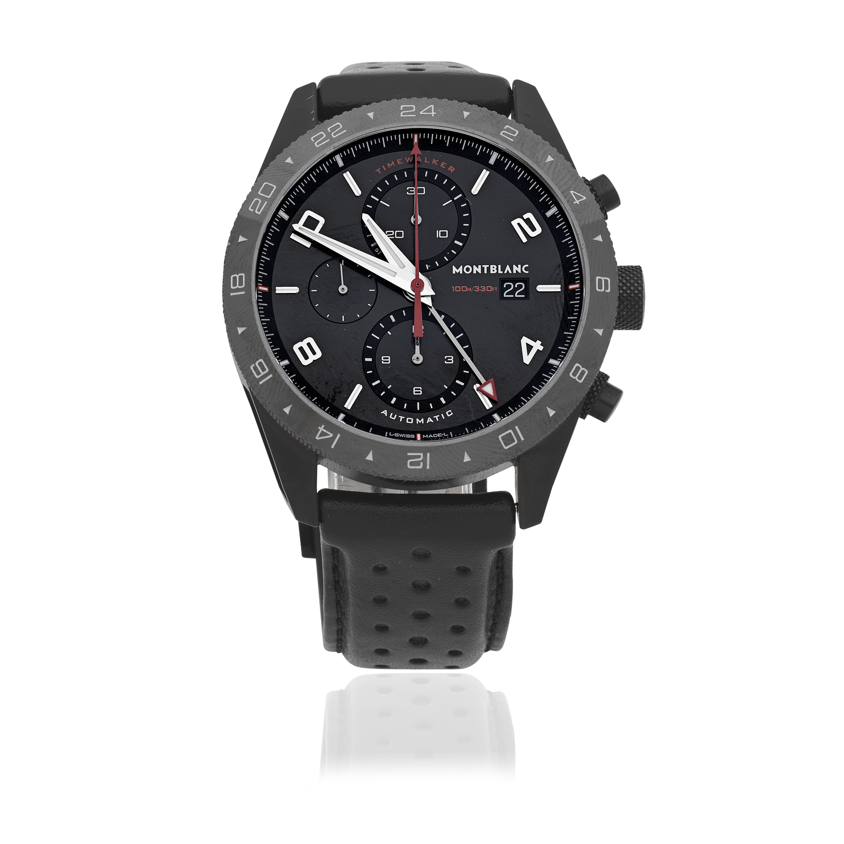 Montblanc. A black PVD coated stainless steel automatic calendar chronograph wristwatch with dua...