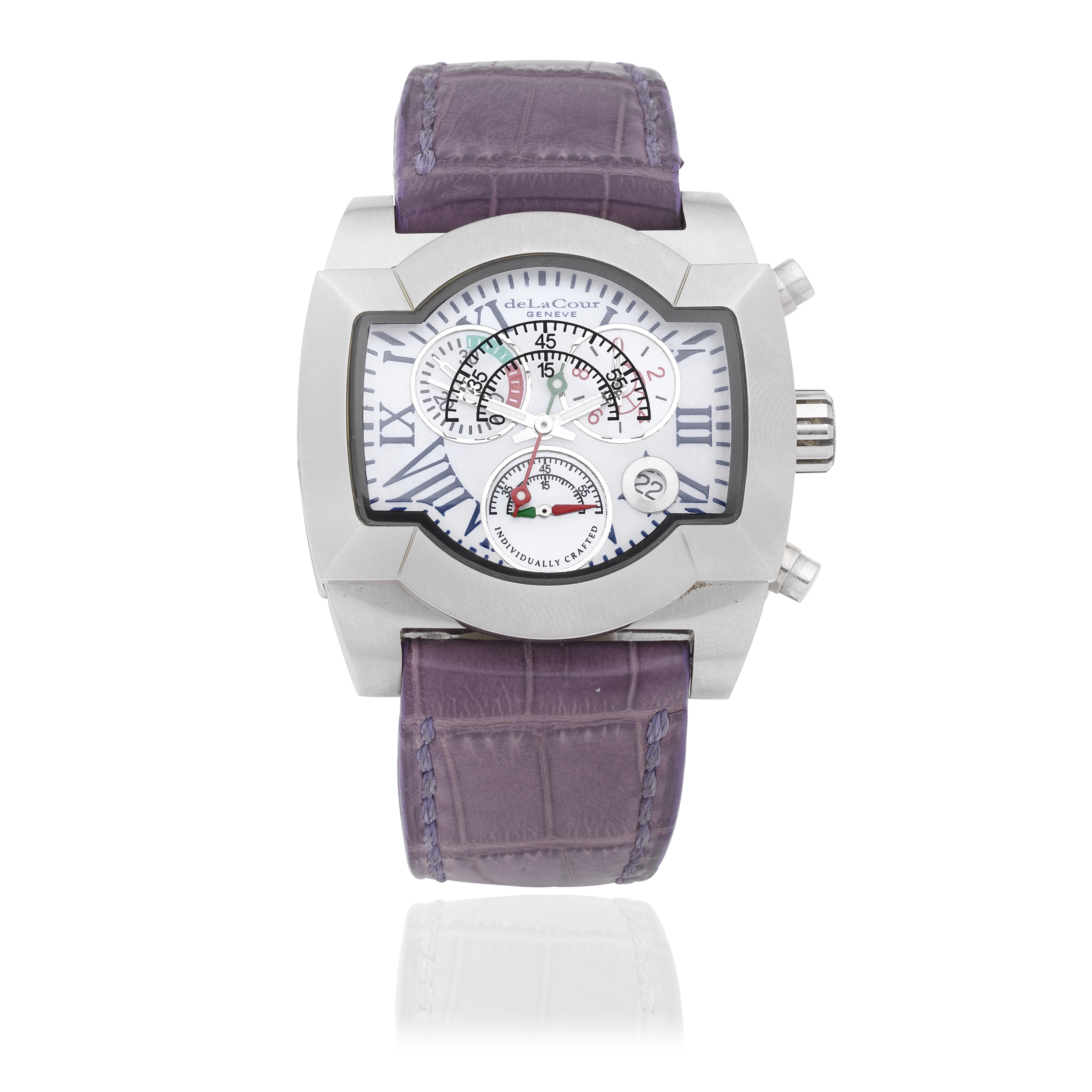 DeLaCour. A stainless steel quartz calendar chronograph wristwatch with mother of pearl dial Sa...