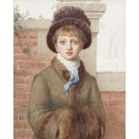 Kate Greenaway (British, 1846-1901) Winter: A girl with a hat, fur trimmed coat, fur muff and a ...