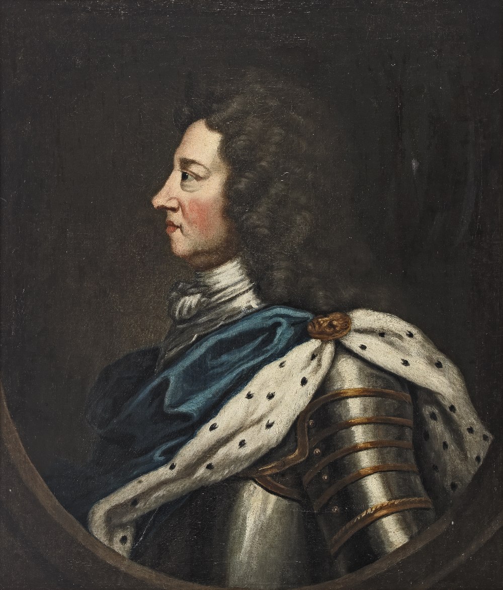 After Sir Godfrey Kneller, 18th Century Portrait of George I, bust-length, in armour and an ermi...