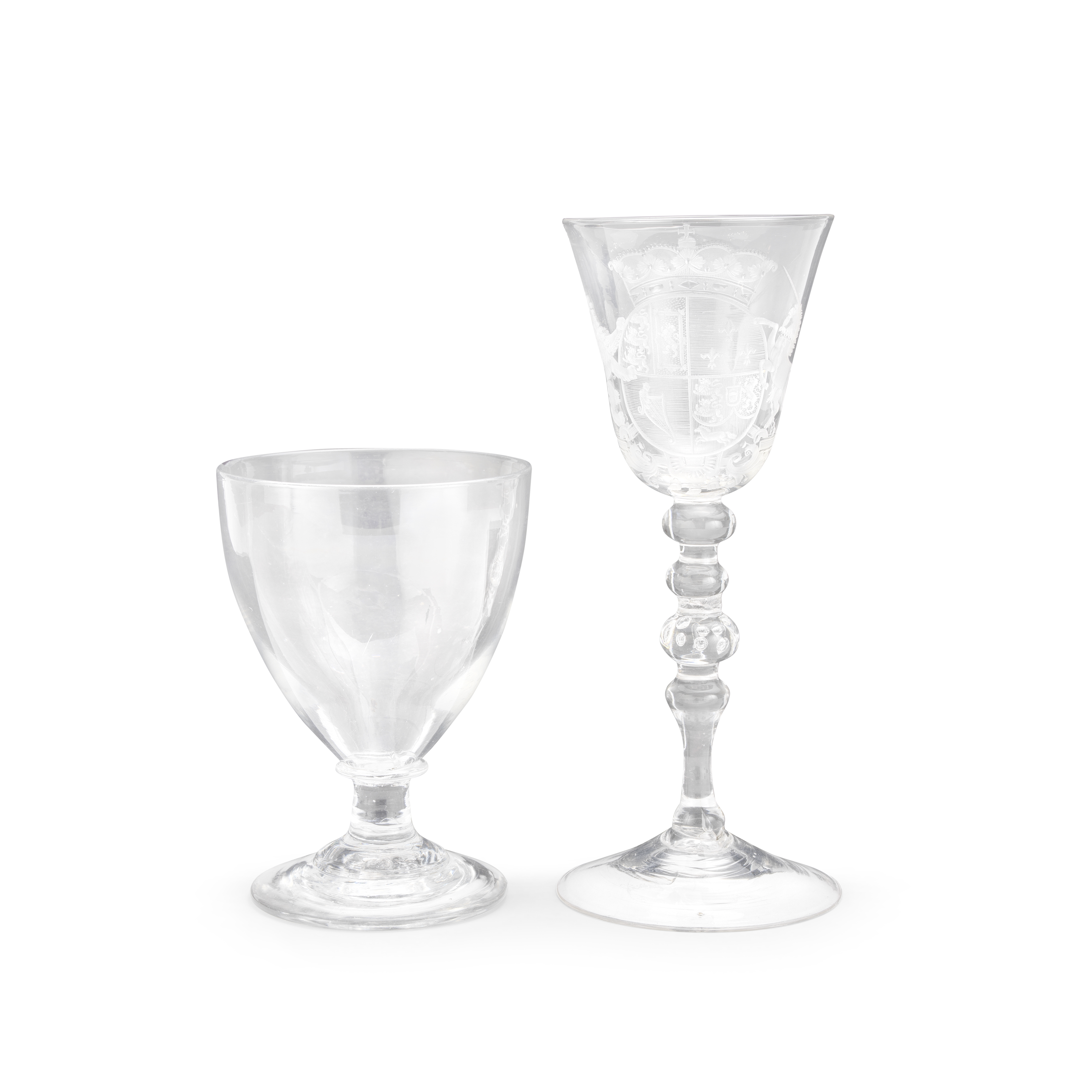 A Dutch engraved royal armorial light baluster wine glass Circa 1760