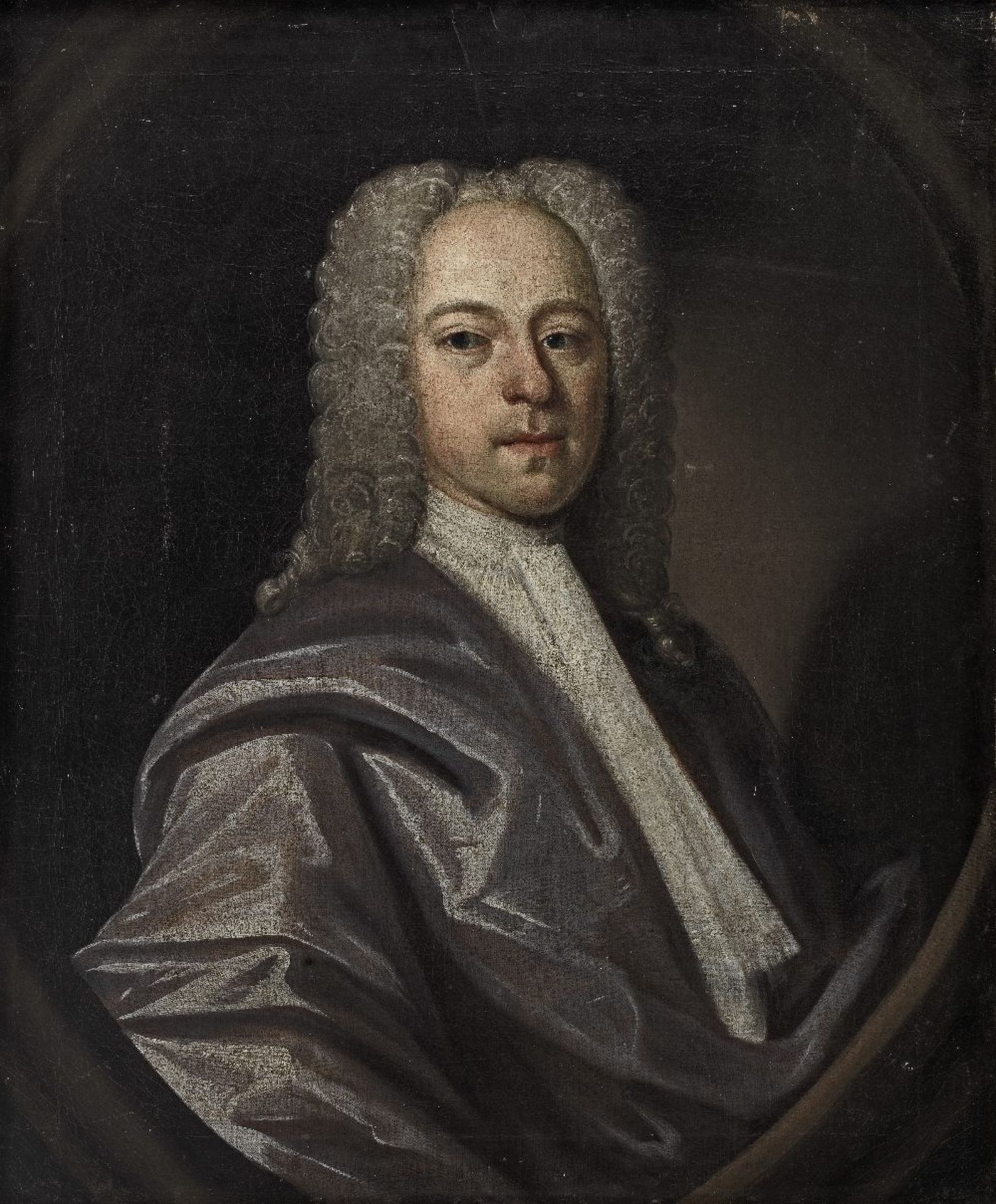 English School, 18th Century Portrait of a gentleman, half length, wearing grey robes, within a ...