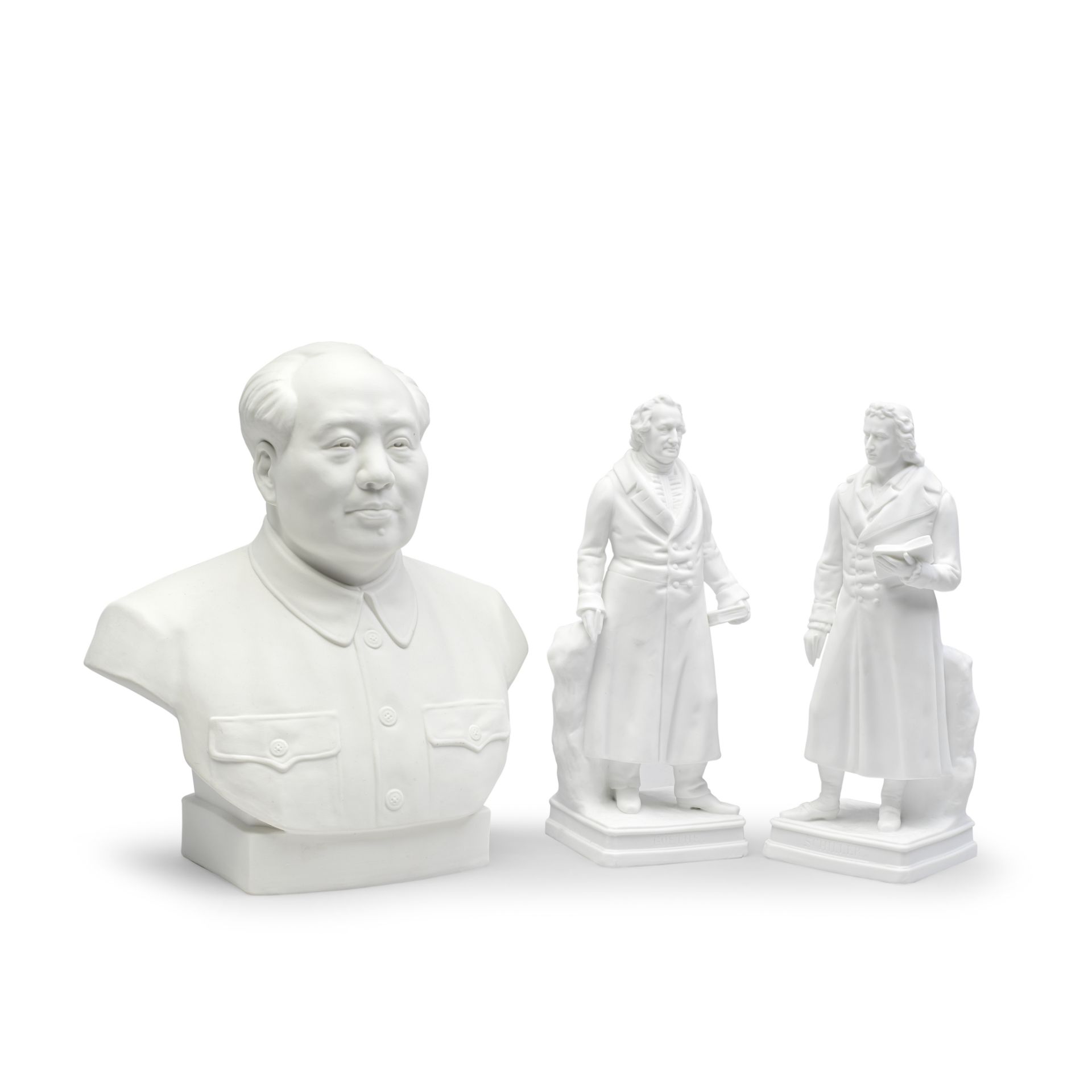 A pair of white biscuit figures of Johann Wolfgang von Goethe and Friedrich Schiller and a bust ...