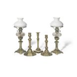 A collection of three early 18th century brass candlesticks (5)