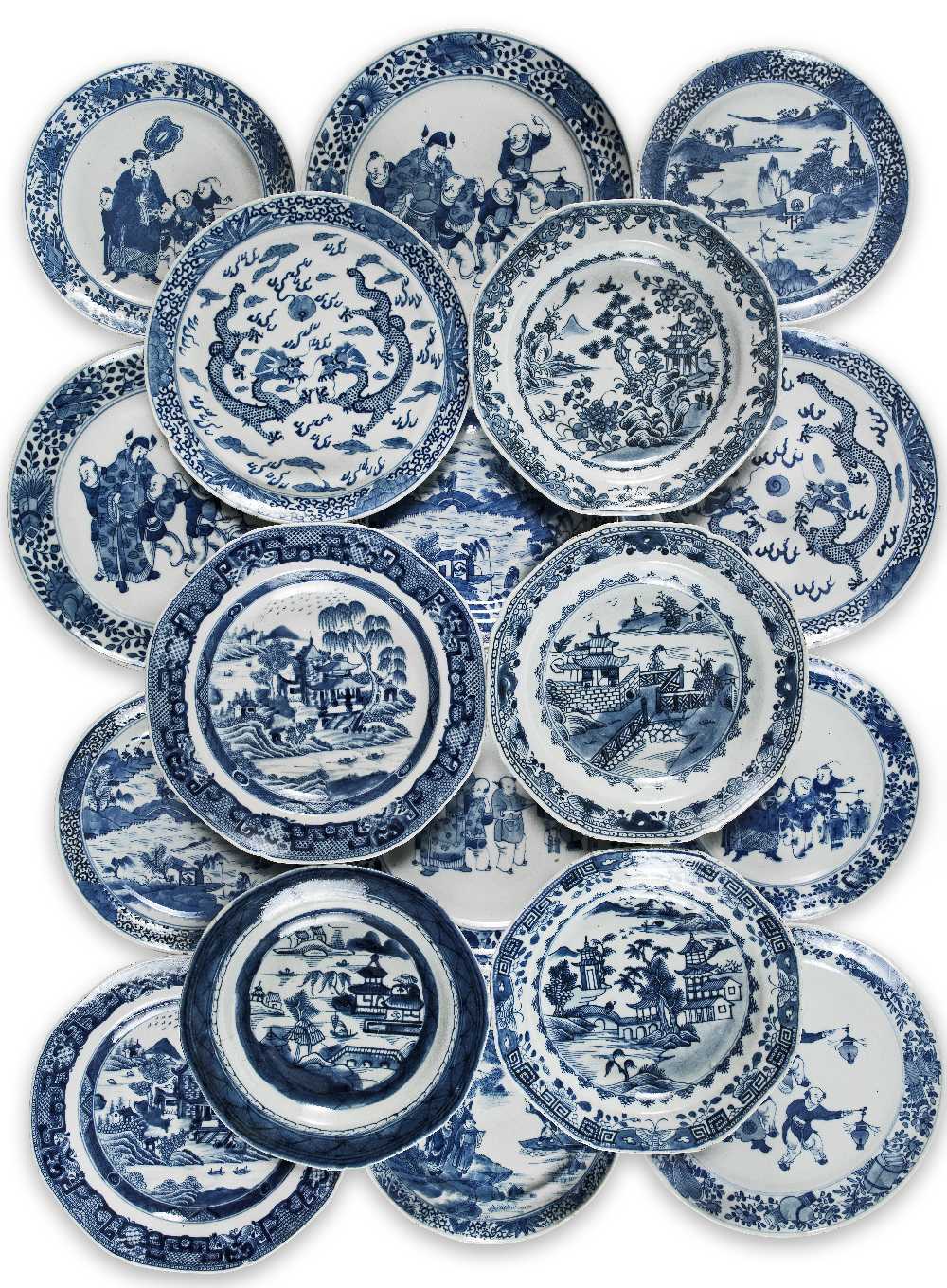 A collection of Chinese blue and white plates and dishes 18th - 19th century