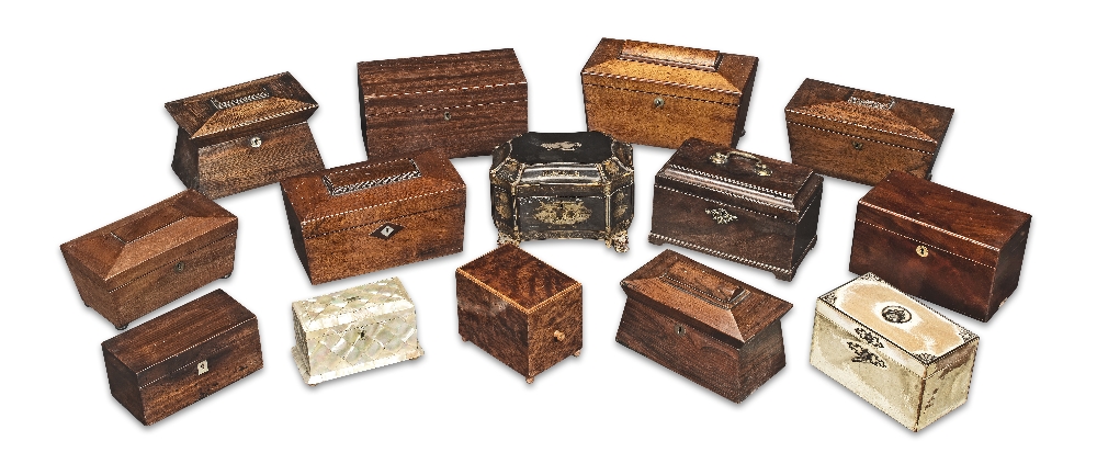 A collection of tea caddies 18th century and later (14)