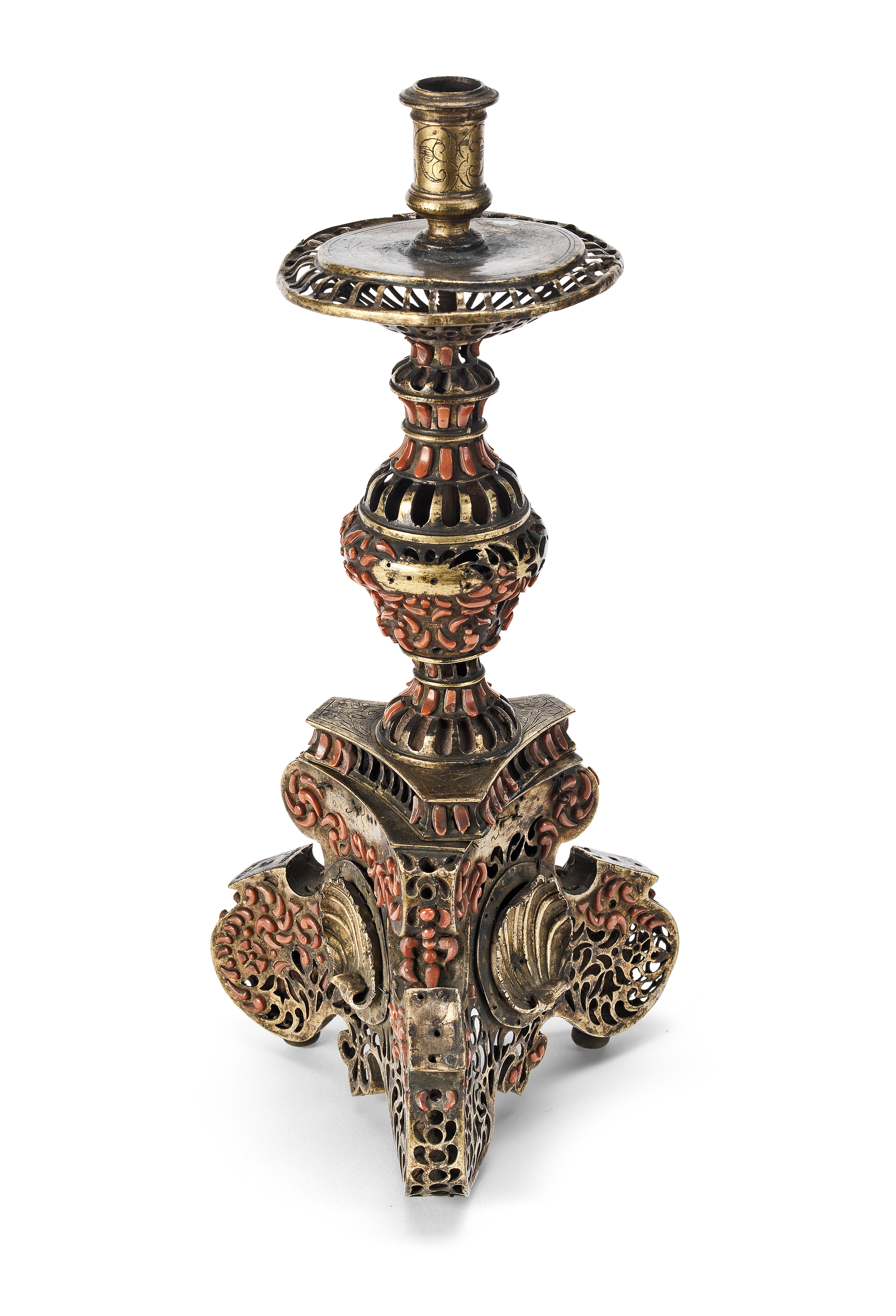 An Italian Trapani gilt-copper and coral-mounted candlestick Late 17th / early 18th century, ada...