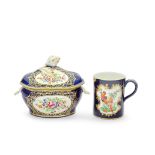 A Worcester sauce tureen and cover and a small mug, circa 1770-80