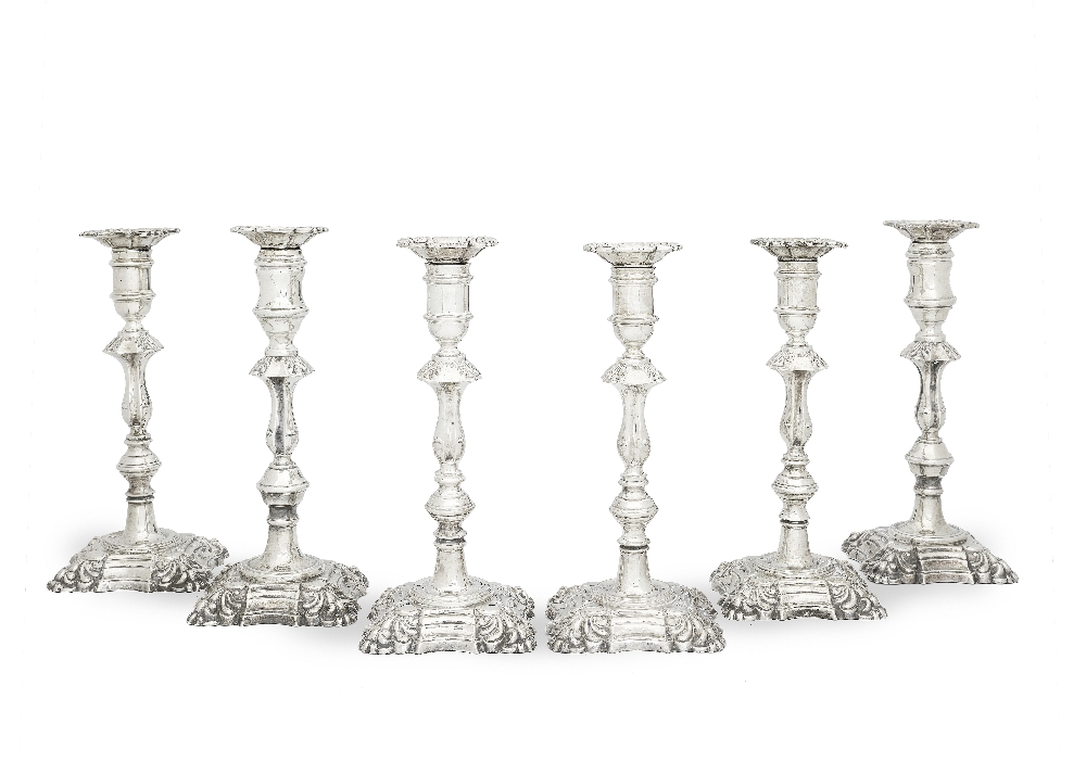 A matched set of six Elizabeth II silver candlesticks Various makers, London and Birmingham 1965...