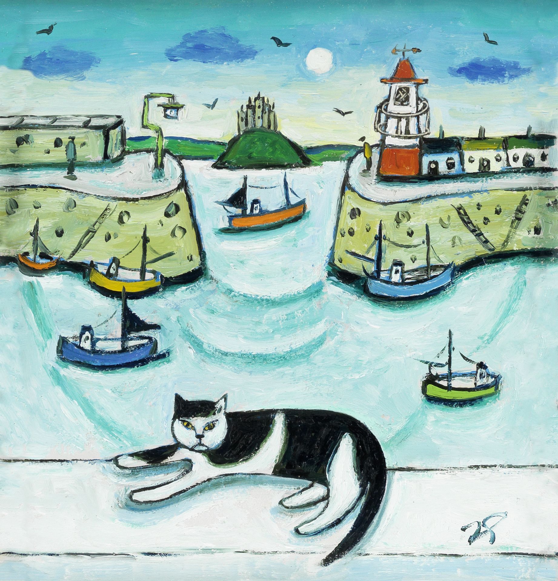 Joan Gillchrest (British, 1918-2008) View of Newlyn Harbour with Cat