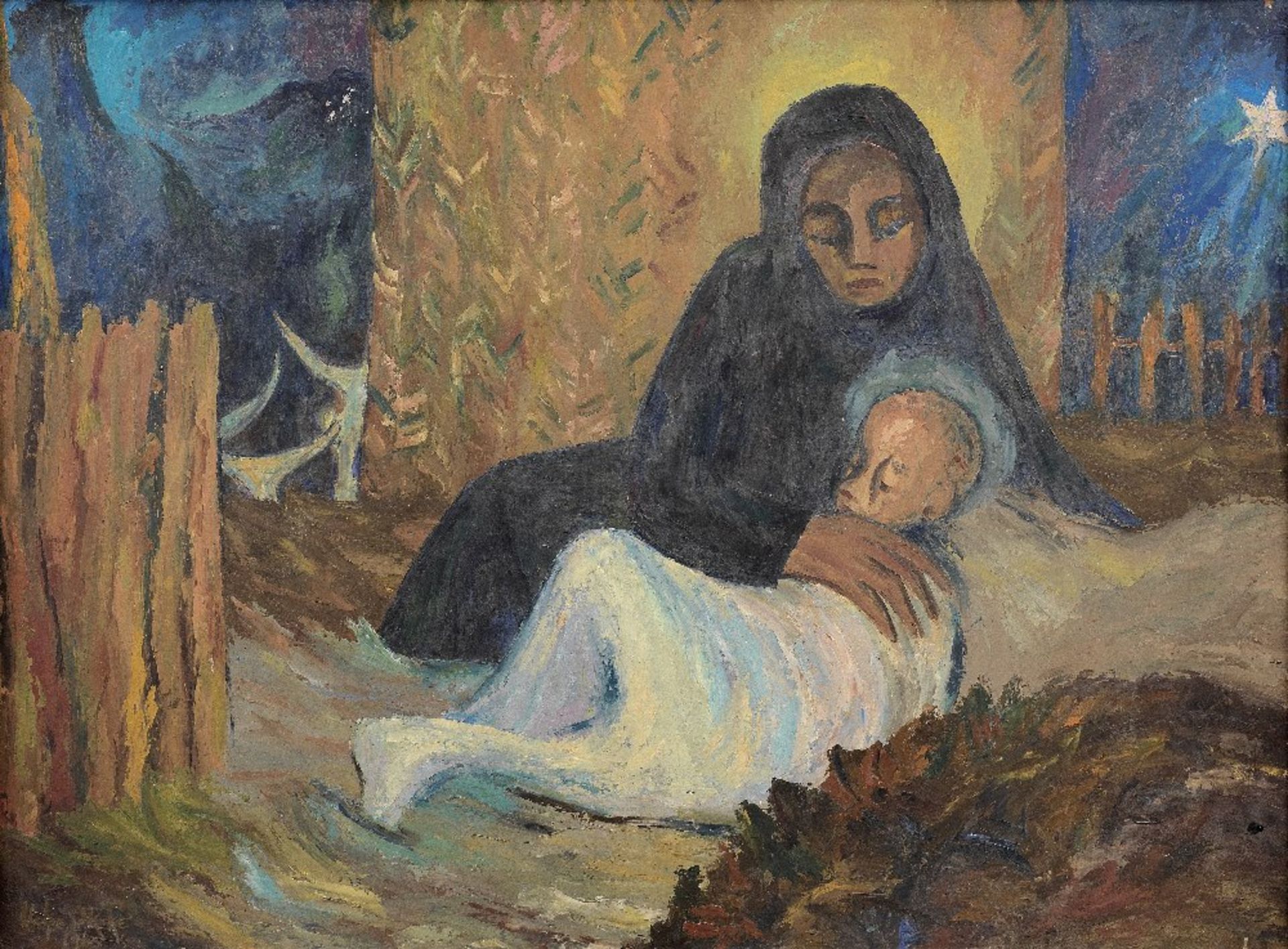 Prof. Uche Okeke (Nigerian, 1933-2016) Madonna & Child, the Manger (framed)