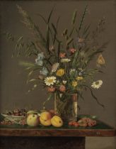 Anton Hartinger (Austrian, 1806-1890) Flowers in a glass vase and an arrangement of fruit