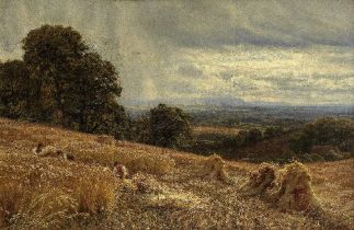 George Vicat Cole, RA (British, 1833-1893) Figures in a harvest field with a storm crossing the ...