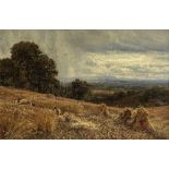 George Vicat Cole, RA (British, 1833-1893) Figures in a harvest field with a storm crossing the ...