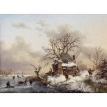 Fredrik Marinus Kruseman (Dutch, 1816-1882) Winter landscape with travellers near a farm