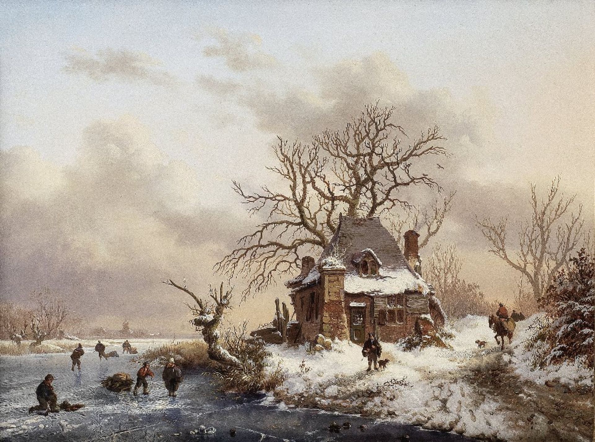 Fredrik Marinus Kruseman (Dutch, 1816-1882) Winter landscape with travellers near a farm