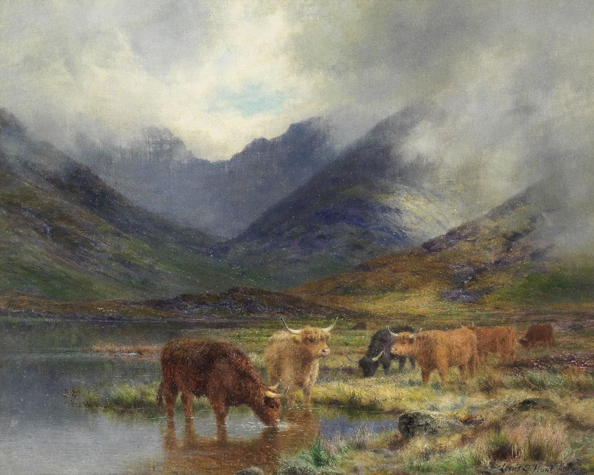 Louis Bosworth Hurt (British, 1856-1929) Highland cattle in a landscape