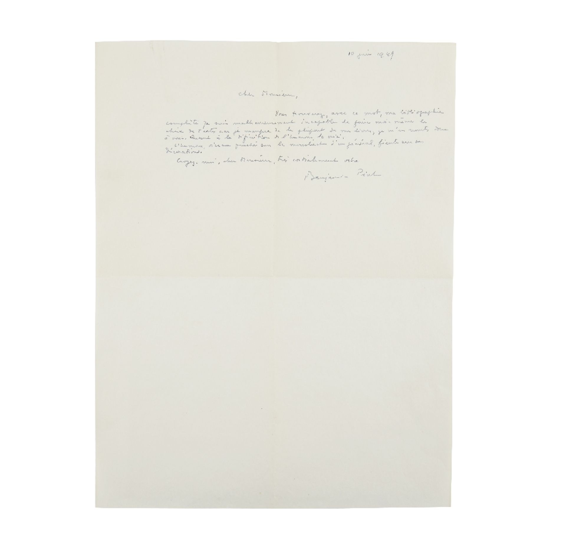 BENJAMIN PERET (1899-1959) LETTRE AUTOGRAPHE SIGN&#201;E &#224; Georges CHARBONNIER [Paris] 10 j...