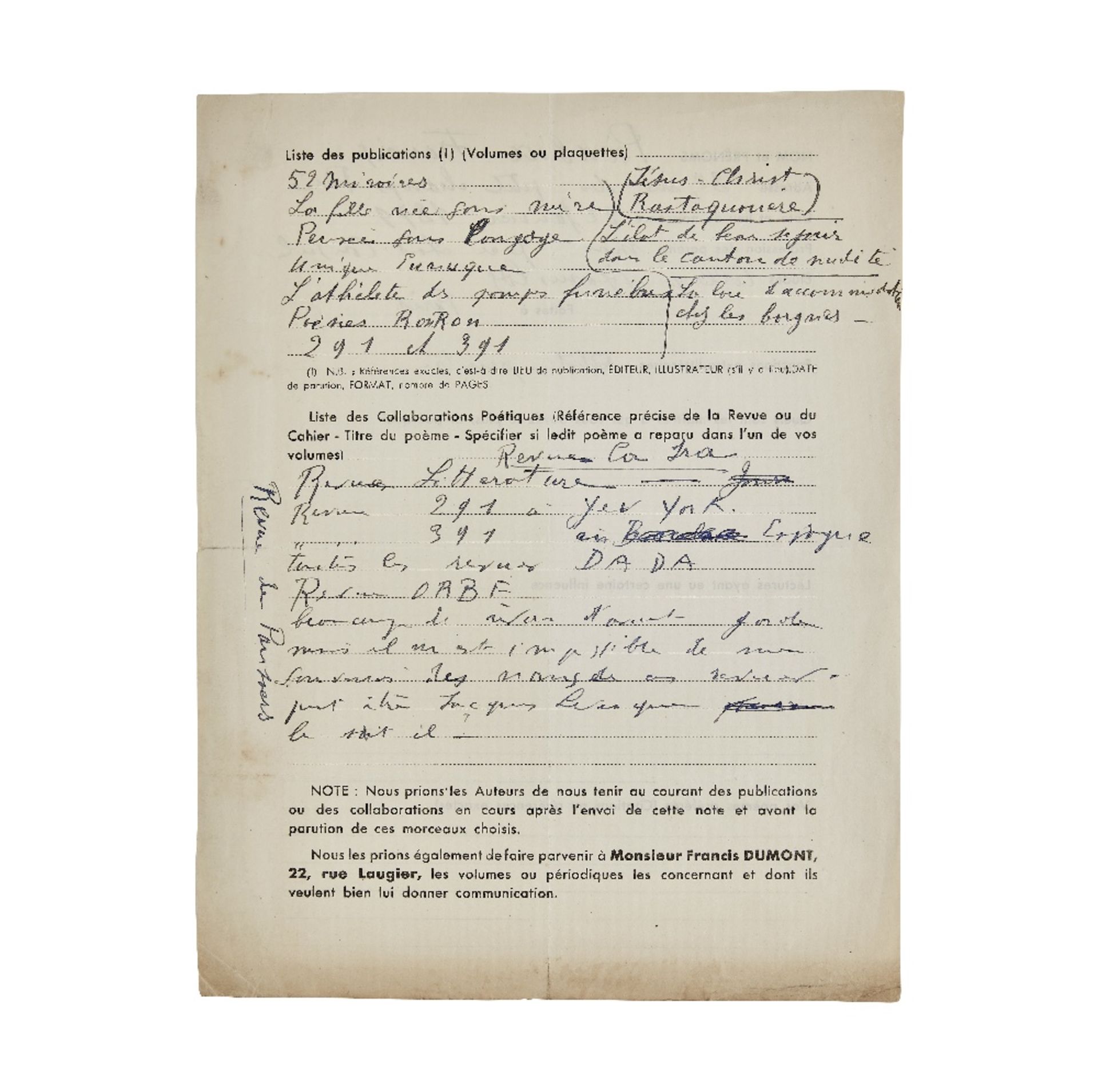 FRANCIS PICABIA (1879-1953) R&#201;PONSES AUTOGRAPHES AU QUESTIONNAIRE DE FRANCIS DUMONT [1949]...