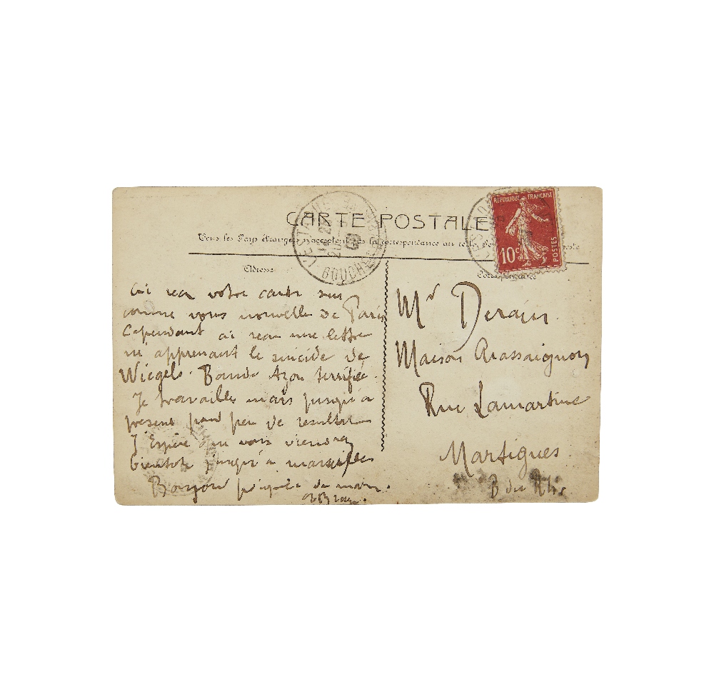 GEORGES BRAQUE (1882-1963) CARTE POSTALE AUTOGRAPHE SIGN&#201;E &#224; Andr&#233; DERAIN. Marsei...