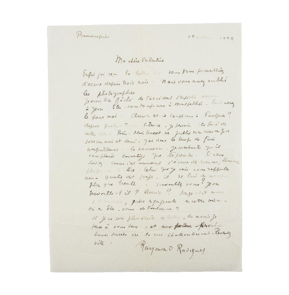 RAYMOND RADIGUET (1903-1923) LETTRE AUTOGRAPHE SIGN&#201;E &#224; Valentine [HUGO]. Pramousquier...